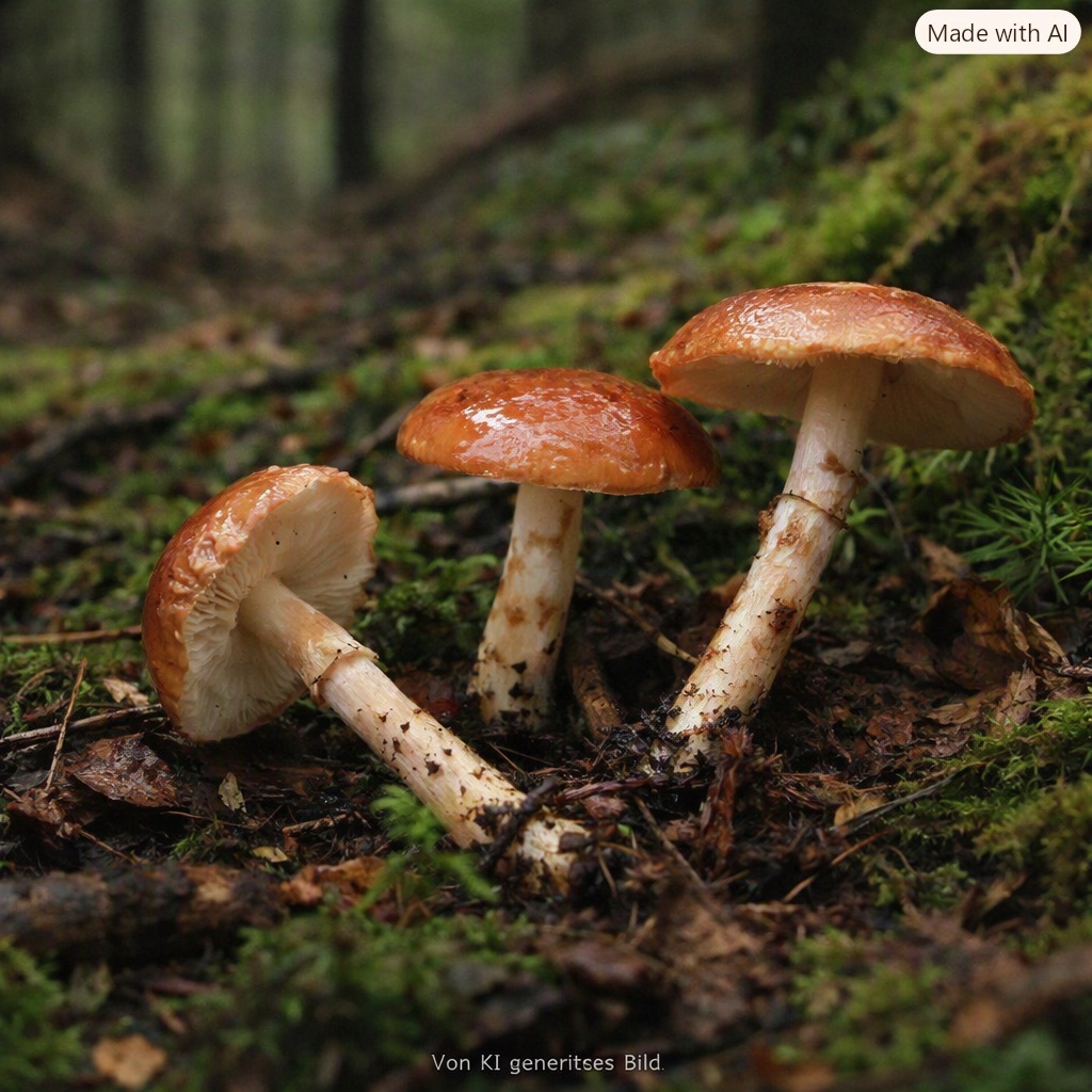 Rotbrauner Schleimschirmling - Bild exemplarisch, KI generiert. Die Hutoberfläche ist feucht stark schleimig. Die Lamellen sind am Stiel frei und bleiben weiß bis cremefarben. Der Stiel hat eine flüchtige Ringzone mit orange-gelben Bändern. 